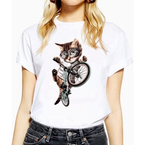 Funny Cat Acrobatic bike Print Woman t shirt 2021 Summer Casual short sleeve t-shirts 5 colors Women tee shirt