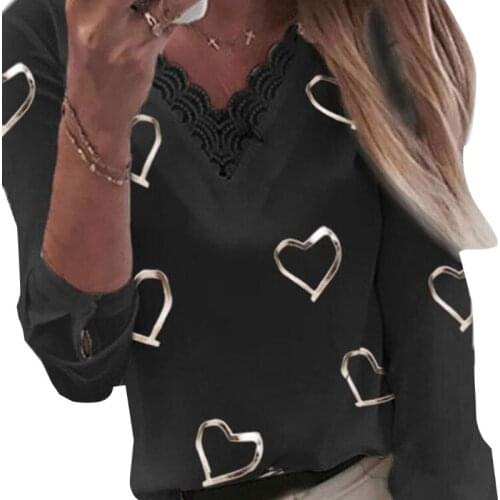 Women Long Sleeve T Shirts Sexy V-Neck Lace Patchwork Solid Color Pullover Tops Heart Print Graphic Casual Loose Blouse