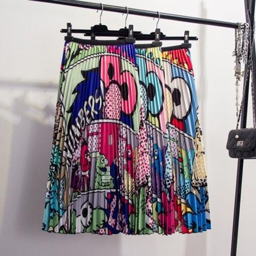Summer Fashion Cartoon Pleated Long Skirts Womens High Waist Elastic Midi Skirt Female A-Line 2021 Party Holiday Streetwear