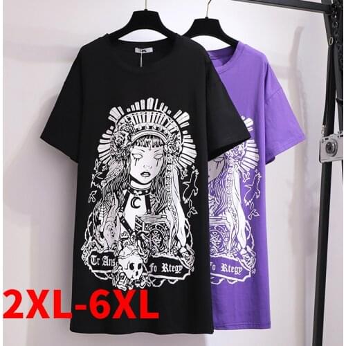 Summer Cartoon Witch Print Dress Women Plus Size Long T-shirt Dress Big Size Top Fashion Black Casual Clothing