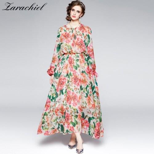 2021 Autumn Bohemian Luxury Floral Maxi Dress Womens Batwing Sleeve Lace Up Flower Print Elastic Waist Chiffon Loose Vestidos