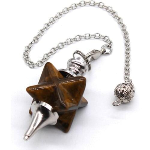 100-Unique Silver Plated Energy Star Natural Tiger Eye Stone Dowsing Pendulum Pendant Meditation Jewelry