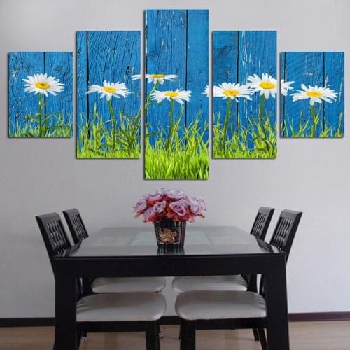 5 Pieces Blue Background White Sunflower Image Canvas Painting Drawing Sitting Room Wall Art Flower Print Without Frame Pictures