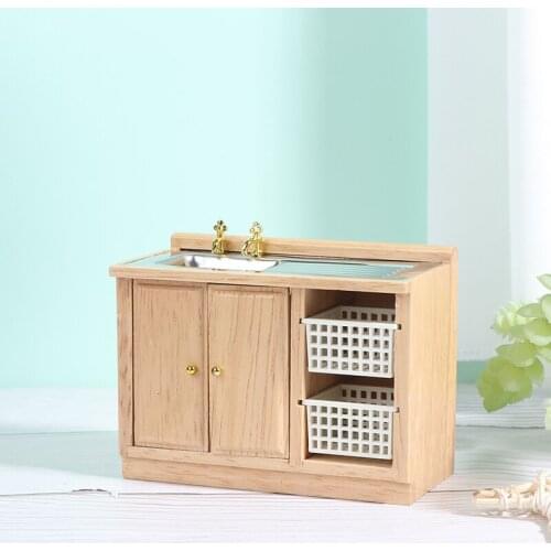 1:12 Wooden Dollhouse Furniture Basin Sink Cupboard Cupboard Cabinet Simulation Furniture Toys