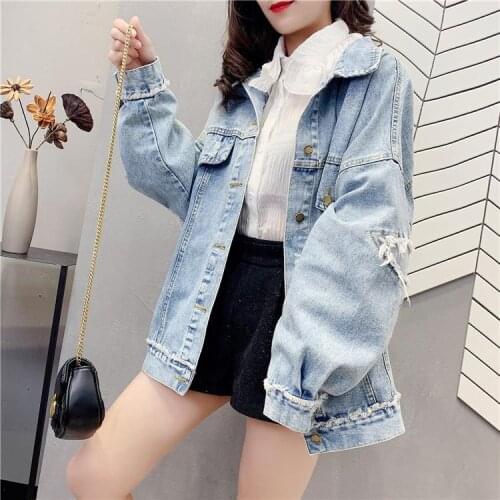 Denim jacket womens wide ins tide ripped BF top 2021 new style pine spring and autumn