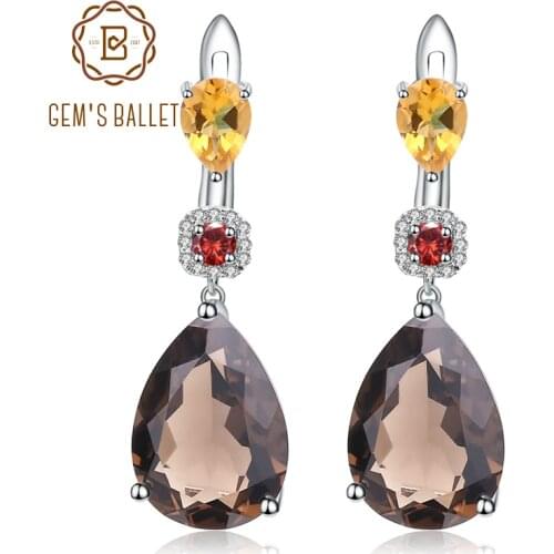 GEMS BALLET MixGemstones Natural Smoky Quartz Citrine Garnet Earrings 925 Sterling Silver Drop Earrings For Women Fine Jewelry