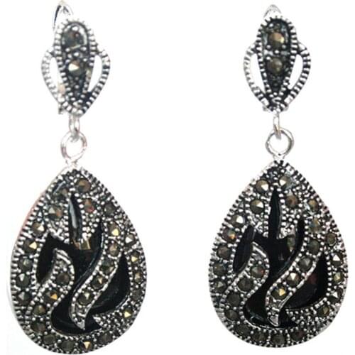 Hot Sell 11/2" late trend 925 Silver & Marcasite inlay black Natural jade Waterdrop Earrings