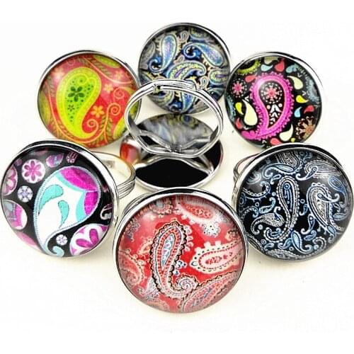 Jiangzimei 24pcs Bandanna,Paisley,Rose,Daisy Ring, Points, Lattices Glass Cabochon finger ring as party gift for women Girl