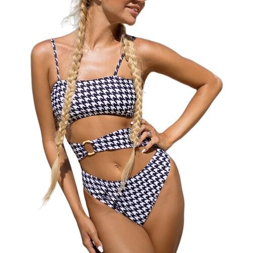 2021 newest fashionable Women Hollow Out Swimsuit Adults Houndstooth Print Spaghetti Strap O-ring Padded Swimwear