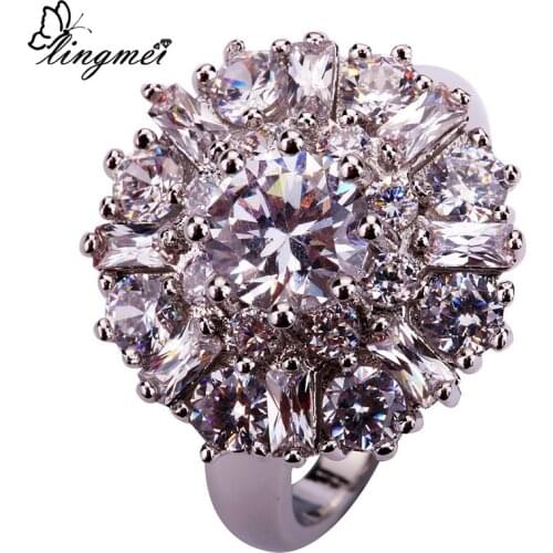 Lingmei Wholesale Charming Flower Round Cut Clear White CZ AAA Silver Color Ring Size 7 8 9 10 11 12 Alluring Jewelry