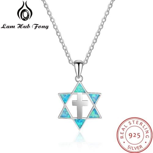 Genuine 925 Sterling Silver Blue Fire Opal Necklace Cross Necklaces Pendants Hexagram Jewelry Accessories Gift (Lam Hub Fong)