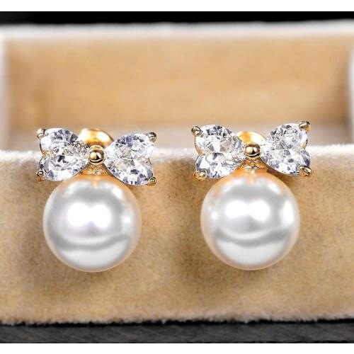 Huitan Bow Shaped Imitation Pearl Earrings for Women Gold Color Elegant Ear Stud Piercing Jewelry Party Fancy Gift Accessories