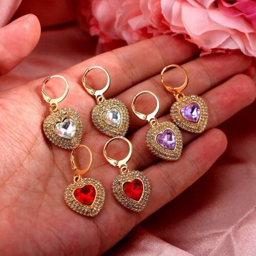 Luxury Shining Double Row Rhinestones Crystal Love Heart Pendant Drop Earrings For Women Gold Color Earring Wedding Jewelry Gift