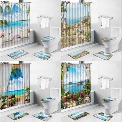 Natural Scenery Print Shower Curtains Carpet Mediterranean Building Landscape Bathroom Decor Set Non-slip Bath Mat Toilet Rugs