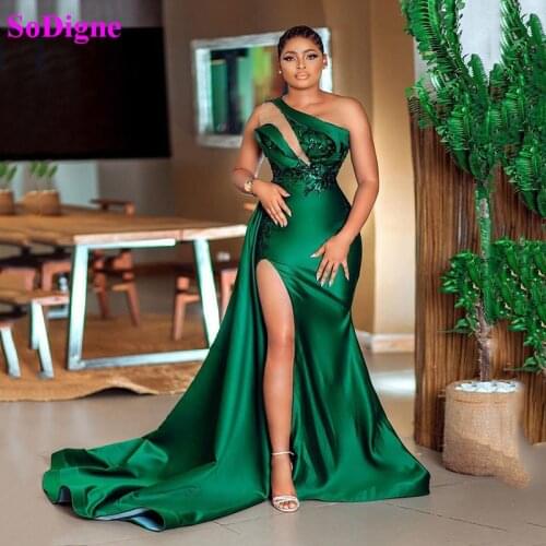 SoDigne Plus Size Evening Dresses One Shoulder High Side Split Sequins Mermaid Prom Dress Satin Formal Gown Custom Made