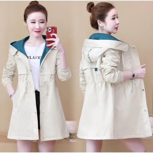 Womens Trench Coat Mid-length Letter Pattern Casual Hooded Coats Spring Autumn Slim Solid Color Women Windbreaker Outwear W155