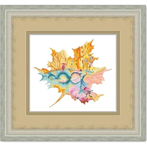 City in the leaf cross stitch package watercolor 18ct 14ct 11ct cloth cotton thread embroidery DIY handmade needlework