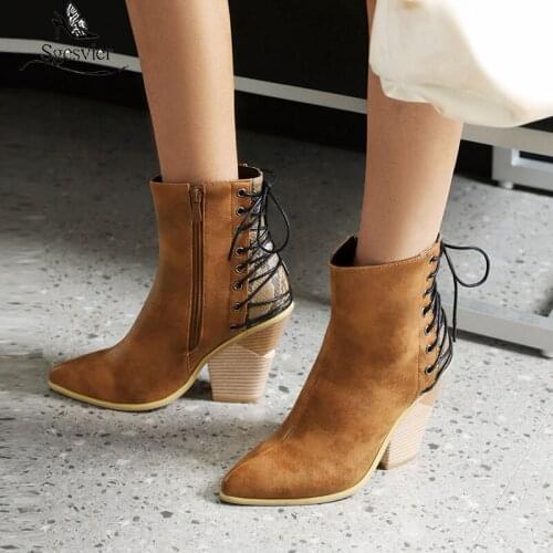 Sgesvier 2021 Women Western Boots Fashion Pointed Toe Wedges High Heel Lady Ankle Boots PU Leather Cross Tied Zipper Women Boots