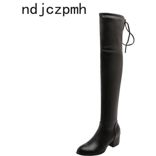 Womens Boots The New Winter Fashion Round Head Zipper Thick Heel Mid Heel Over The Knee Women Shoes Plus Size 32-43 Off White