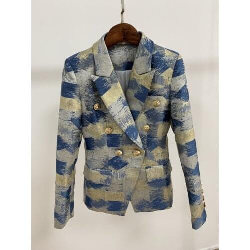 TOP QUALITY 2021 Designer Blazer Womens Lion Buttons Double Breasted Blue & Gold Jacquard Blazer Jacket Outer Wholesale