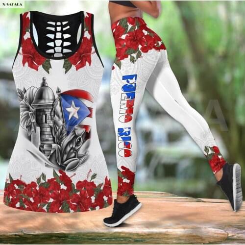 Manga Flower Puerto Rico Two Piece Yoga Set Women 3D Print Vest Hollow Out Tank Top High Waist Legging Summer Casual Sport