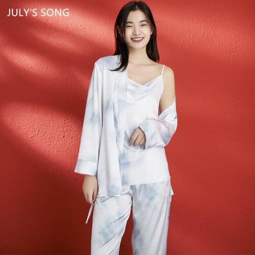 JULYS SONG Stain 3 Pieces Pajamas Set Women Faux Silk Sling Trousers Robe Tie-dye Ink Printed Elegant Spring Summer Sleepwear