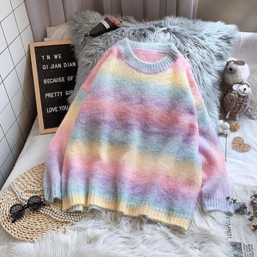 Women Rainbow Color Leisure knitted Sweater Autumn Winter Pullovers Female Knitted Bottoming Shirts Lady knitting Jumpers