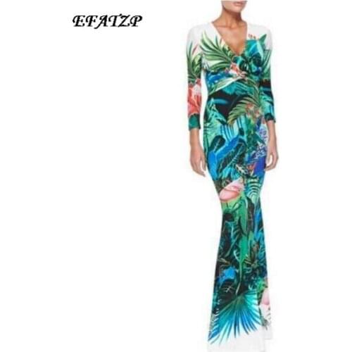 Womens Luxury Brands Jersey Silk Dress Long Sleeve Vintage Floral Printed Bodycon Spandex Stretchable Signature Maxi Dress