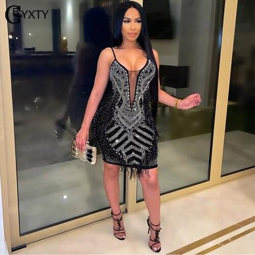 GBYXTY Sexy Mesh Patchwork Pearl Beaded Diamond Night Club Party Dress Women Summer Spaghetti Strap Bodycon Mini Dress ZL1256