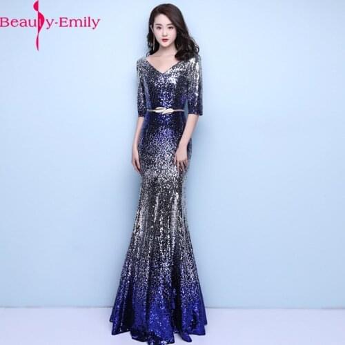 Sexy Simple Gradient Color Mermaid Evening Dress 2020 Sexy V-Neck Half Sleeve Zipper Back Sequined Dresses with Sashes