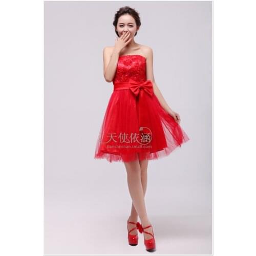 Free shipping 2020 new hot sale The bride red short design carpet lace bow short cute dress red mini vintage Bridesmaid Dresses