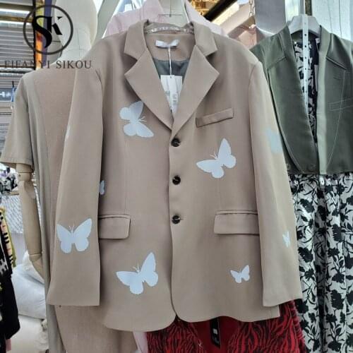 Khaki Blazer Jacket Women Streetwear Fashion Reflective Butterfly Print Suit Jacket Single Breasted Lady Casual Blazers Coat