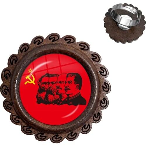 Soviet USSR Stalin Lenin Adjustable Wood Rings Classic Red Star Hammer Sickle Communism Emblem CCCP Glass Cabochon Charm Ring