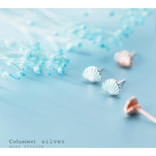 COLUSIWEI Genuine 925 Sterling Silver Cute Bule Enamel Shell Stud Earrings for Women Ocean Series Ear Pin Fine Jewelry Girl Gift