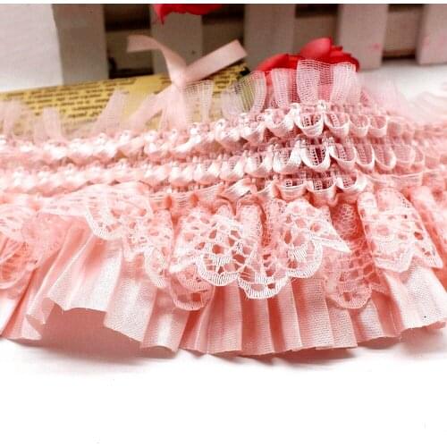 Stretch Lace Ruffled Pink Chiffon Flower Trims Ribbon Braided 5 Yds Elastic Pleated Lace Sewing Apparel Trims Satin Fabric 7.8CM