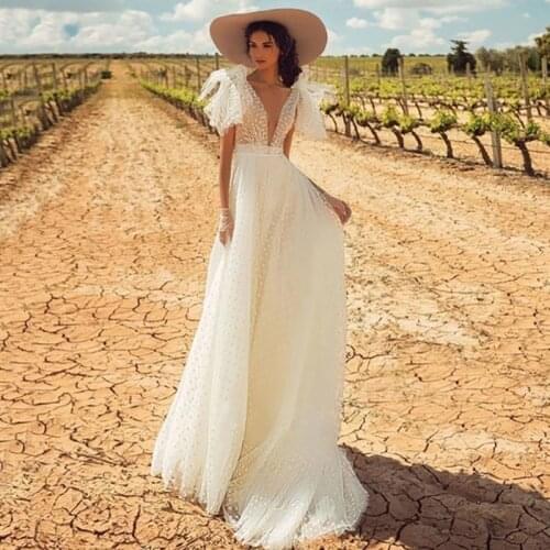Eightree Hot Sell Sexy Cheap Wedding Dresses Beach Long Dots Tulle Backless Boho Vintage Bride Dress Gowns Sweep Train 2021