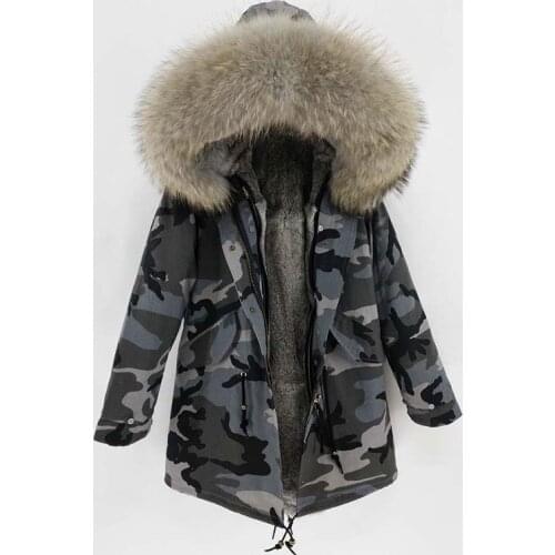 2018 women winter rabbit fur jackets and coats real big raccoon fur collar hooded coat long parka black green streetwear outwear