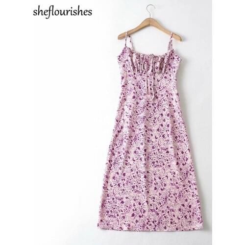 Summer floral dress sexy sleeveless midi dresses women spaghetti strap dress slim slash neck vestidos vintage party dress purple