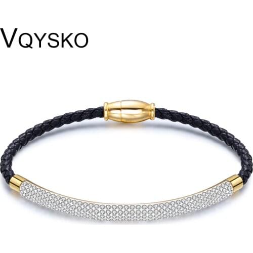 Fashion Braided Leather Women Bracelets With Magnet Clasp Bright Crystals Paved Charm Accessories Leather Bracelet For Women