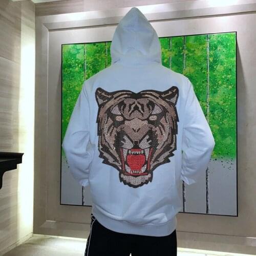 Men Plus Fleece Hoodie Shiny Rhinestone Sports Sweatshirt Business Pullover Colors Handsome Tiger Picture