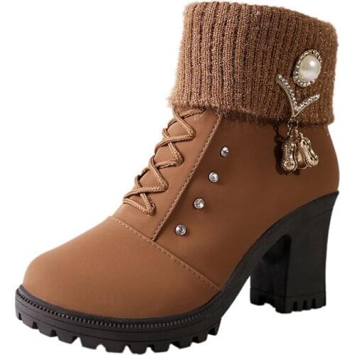 2020 New Winter Female High-heeled Boots Fashion Thick Heel PU Rhinestone Wild Knit Stitching Casual Womens Short Boots B23-17