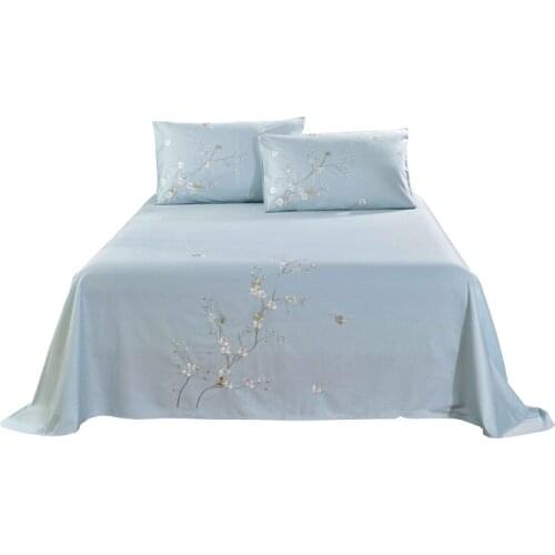 Pure cotton twill bed linen embroidered flat sheet pillowcase Linens Twin size bedding set for home blue pink