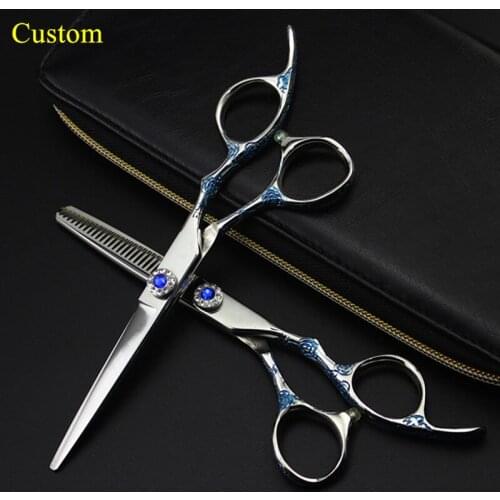 Custom logo professional japan 6 inch blue Plum handle hair scissors cutting barber salon thinning shears hairdressing scissors