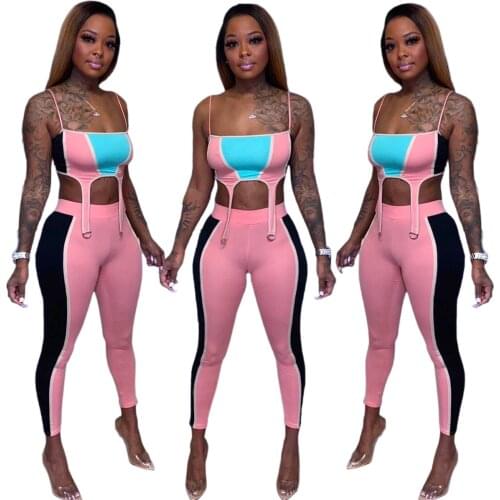 Sexy Summer Patchwork Club Outfit 2 Pieces Set Women Spaghetti Strap Crop Top + Skinny Long Leggings Pants Night Party Clubwear