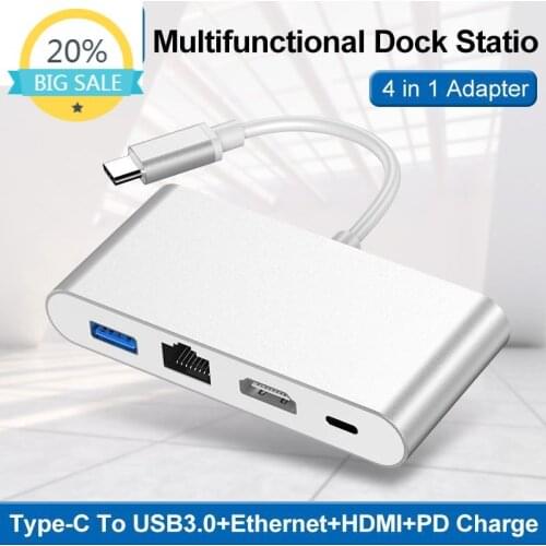 Type-c Hub4 in 1 Docking Station USBC to HDMI Gigabit Ethernet Ports Converter with PD Power Supply