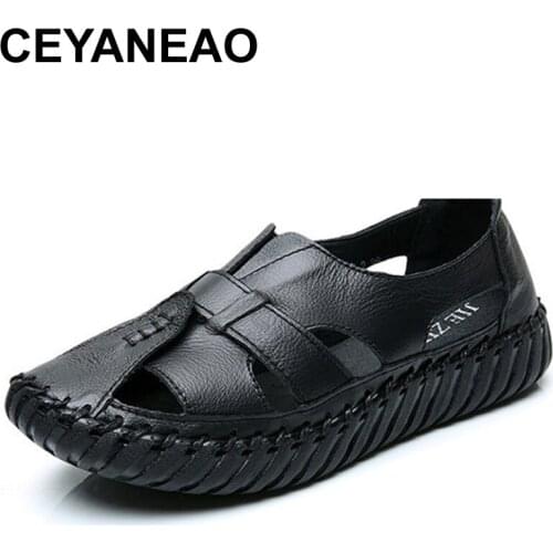 CEYANEAOSandals Women 2020 Summer Genuine Leather Handmade Ladies Shoe Leather Sandals for Women Flat Shoes Retro Style Mother
