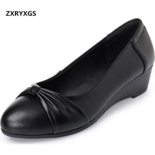 2020 Spring Black Shoes Bow Genuin Leather Shoes Woman Slope with Work Non-slip Comfort Fashion Casual Shoes Shoes Size 34-44