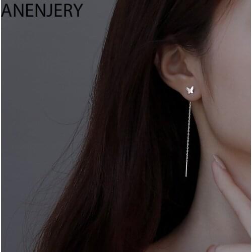 ANENJERY 925 Sterling Silver Butterfly Tassel Earrings For Women Simple Temperament Long Chain Earline Hot Selling Jewelry Whole
