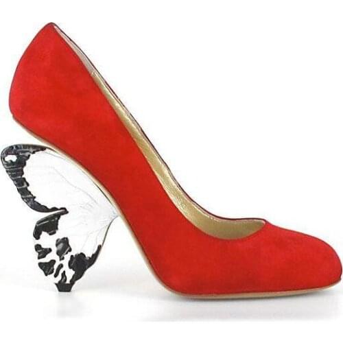 Moraima Snc Fashion Women High Heel Shoes Luxury Round Toe Hand Painted Wing Shaped Butterfly Heel Red Party Pumps Women Shoes