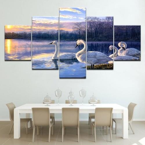 Animal Swan Sunset forest lake view Wall Art Canvas Painting Print Poster 5 Panel bedroom living Room Home Decor Artwork Picture